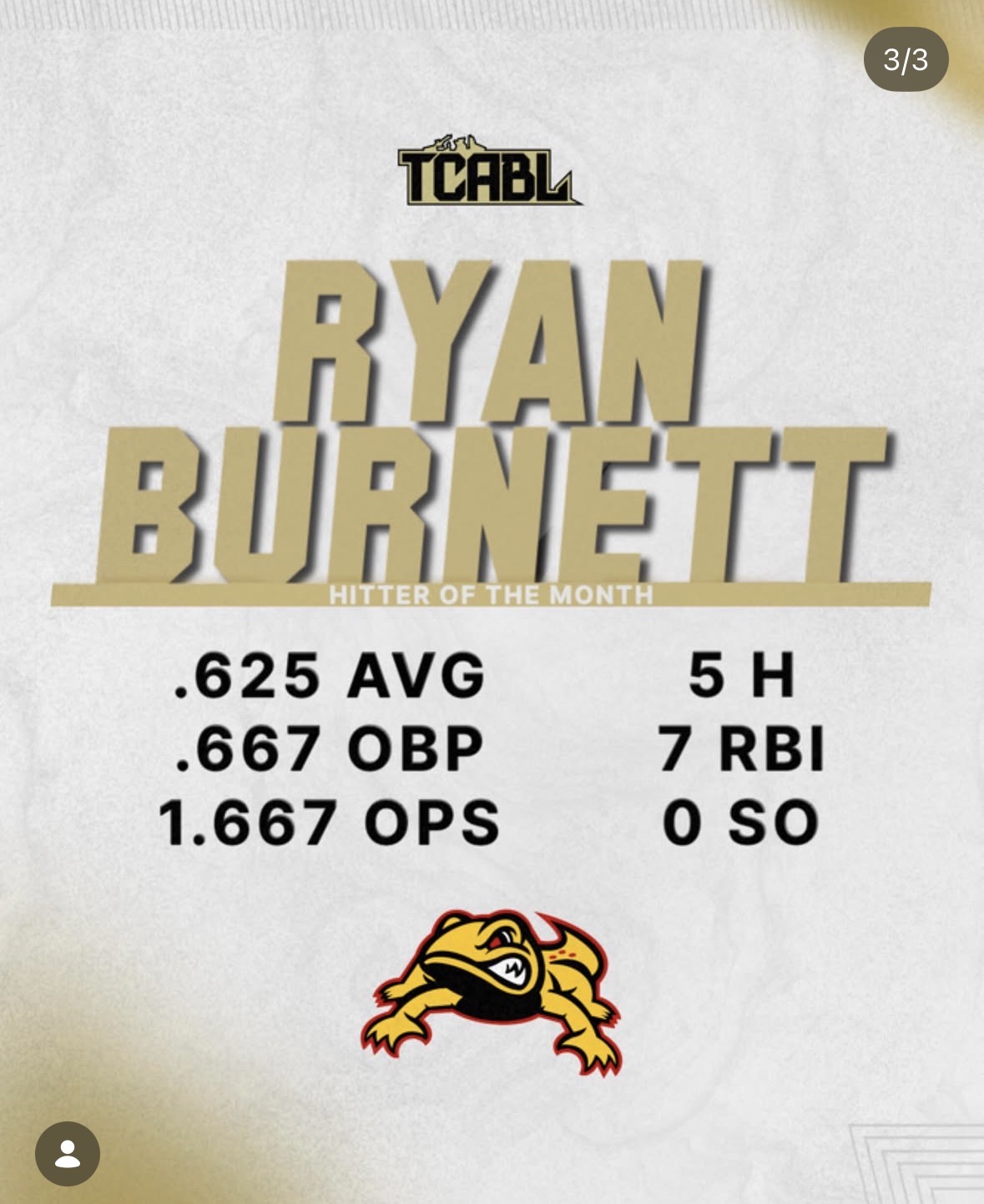 2026 TCABL Hitter of the Month graphic for Ryan Burnett for May